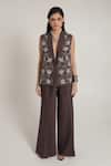 Buy_Shagufta_Brown Georgette Embroidery, Zari V-neck Two Tone Zardozi Jacket Pant Set _Online_at_Aza_Fashions