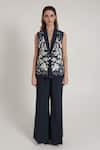 Buy_Shagufta_Navy Georgette Beads, Patchwork, Beaded Floral Sleeveless Jacket Pant Set _at_Aza_Fashions