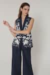 Buy_Shagufta_Navy Georgette Beads, Patchwork, Beaded Floral Sleeveless Jacket Pant Set _Online_at_Aza_Fashions