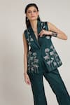 Shagufta_Green Silk Beads, Embroidery V-, Plunge Floral Jacket Pant Set _Online_at_Aza_Fashions