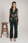 Buy_Shagufta_Green Silk Embroidery, Sequins V-neck Sunflower Jacket Pant Bustier Set _at_Aza_Fashions