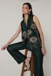 Buy_Shagufta_Green Silk Embroidery, Sequins V-neck Sunflower Jacket Pant Bustier Set _Online_at_Aza_Fashions
