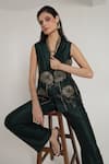Shop_Shagufta_Green Silk Embroidery, Sequins V-neck Sunflower Jacket Pant Bustier Set _Online_at_Aza_Fashions
