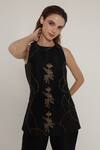Shop_Shagufta_Black Silk Embroidery, Metallic Thread Halter Work Top And Bell Bottom Pant Set _Online_at_Aza_Fashions