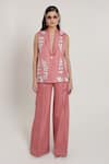 Buy_Shagufta_Peach Silk Beads, Embroidery V-neck Beaded Floral Jacket Pant Set _at_Aza_Fashions