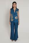 Buy_Shagufta_Teal Silk Embroidery V-neck Gold Flower Cutdana Jacket Pant Set _at_Aza_Fashions