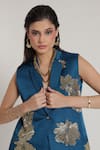 Buy_Shagufta_Teal Silk Embroidery V-neck Gold Flower Cutdana Jacket Pant Set _Online_at_Aza_Fashions