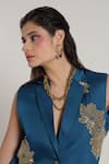 Shop_Shagufta_Teal Silk Embroidery V-neck Gold Flower Cutdana Jacket Pant Set _Online_at_Aza_Fashions