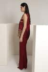 Shagufta_Maroon Silk Embroidery V-neck Rose Sleeveless Jacket Pant Set _Online_at_Aza_Fashions