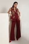 Buy_Shagufta_Maroon Silk Embroidery V-neck Rose Sleeveless Jacket Pant Set _at_Aza_Fashions