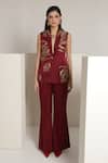 Buy_Shagufta_Maroon Silk Embroidery V-neck Rose Sleeveless Jacket Pant Set _Online_at_Aza_Fashions