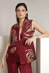 Shop_Shagufta_Maroon Silk Embroidery V-neck Rose Sleeveless Jacket Pant Set _Online_at_Aza_Fashions