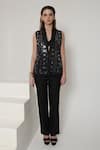 Shagufta_Black Silk Mirrors, Embroidery Open Neck, Work Jacket Pant Set _Online_at_Aza_Fashions