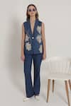 Buy_Shagufta_Blue Denim Embroidery V-neck Floral Hand Jacket Pant Set _at_Aza_Fashions