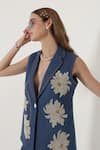 Shop_Shagufta_Blue Denim Embroidery V-neck Floral Hand Jacket Pant Set _Online_at_Aza_Fashions