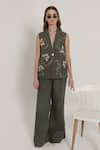 Buy_Shagufta_Green Denim Pearls, Beads, Embroidery Floral Artwork Sleeveless Jacket Pant Set _at_Aza_Fashions
