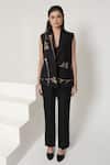 Buy_Shagufta_Black Silk Embroidery V-neck Sleeveless Floral Jacket Pant Set _at_Aza_Fashions