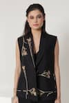 Shagufta_Black Silk Embroidery V-neck Sleeveless Floral Jacket Pant Set _at_Aza_Fashions