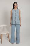 Buy_Shagufta_Blue Denim Embroidery Round Neck Halter Top And Pant Set _at_Aza_Fashions