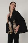 Shagufta_Black Silk Embroidery Cape Sleeve Blazer And Pant Set _at_Aza_Fashions