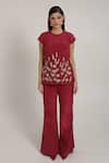 Buy_Shagufta_Pink Crepe Embroidery Round Neck Leaf Motif Top And Pant Set _at_Aza_Fashions