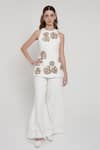 Buy_Shagufta_White Georgette Embroidery, Zari Halter Neck Zardozi Top And Pant Set _at_Aza_Fashions