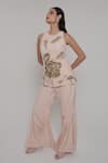 Buy_Shagufta_Peach Crepe Embroidery, Zari Halter Neck Zardozi Top And Pant Set _at_Aza_Fashions