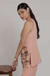 Shagufta_Peach Crepe Embroidery Halter Neck Top And Pant Set _Online_at_Aza_Fashions