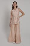 Buy_Shagufta_Peach Chanderi Embroidery Round Neck Thread Top And Pant Set _at_Aza_Fashions