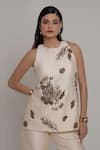 Shop_Shagufta_Beige Chanderi Sequins, Embroidery Halter Neck Seashell Top And Pant Set _Online_at_Aza_Fashions
