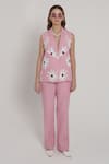 Buy_Shagufta_Pink Denim Patchwork V-neck Floral Sleeveless Jacket Pant Set _at_Aza_Fashions