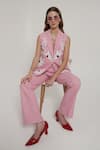 Buy_Shagufta_Pink Denim Patchwork V-neck Floral Sleeveless Jacket Pant Set _Online_at_Aza_Fashions