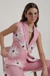 Shagufta_Pink Denim Patchwork V-neck Floral Sleeveless Jacket Pant Set _at_Aza_Fashions