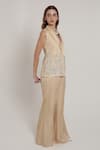 Shop_Shagufta_Beige Silk Cut Work, Embroidery V-neck Cutdana Jacket Pant Set _Online_at_Aza_Fashions