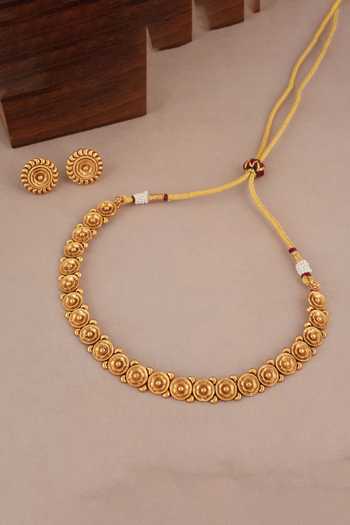 Shop_SMARS JEWELRY_Gold Plated Floral Carved Antique Choker Necklace Set _at_Aza_Fashions