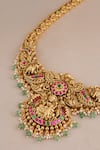 Smars Jewelry_Gold Plated Stones, Pearls Maa Lakshmi Carved Antique Temple Necklace Set _at_Aza_Fashions