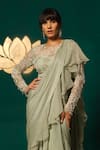 Shop_Niloufer By Aasif Ally_Green Chinon Sequins, Beads Round Pre-draped Ruffle Saree With Pearl Work Blouse _at_Aza_Fashions