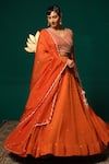 Niloufer By Aasif Ally_Orange Chinon, Tissue Sequins, Stones, Beads V-neck Hand Work Blouse Lehenga Set _Online_at_Aza_Fashions