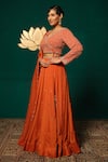 Shop_Niloufer By Aasif Ally_Orange Chinon, Tissue Sequins, Stones, Beads V-neck Hand Work Blouse Lehenga Set _Online_at_Aza_Fashions