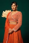 Niloufer By Aasif Ally_Orange Chinon, Tissue Sequins, Stones, Beads V-neck Hand Work Blouse Lehenga Set _at_Aza_Fashions