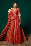Niloufer By Aasif Ally_Red Tissue Zari, Mirrors, Embroidery Round Neck, Shimmer Anarkali With Dupatta _Online_at_Aza_Fashions