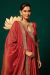Shop_Niloufer By Aasif Ally_Red Tissue Zari, Mirrors, Embroidery Round Neck, Shimmer Anarkali With Dupatta _Online_at_Aza_Fashions