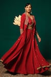 Niloufer By Aasif Ally_Red Crepe Stones, Sequins V-neck Embroidered Long Cape And Skirt Set _Online_at_Aza_Fashions