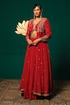 Niloufer By Aasif Ally_Red Crepe Stones, Sequins V-neck Embroidered Long Cape And Skirt Set _at_Aza_Fashions