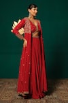 Buy_Niloufer By Aasif Ally_Red Crepe Stones, Sequins V-neck Embroidered Long Cape And Skirt Set 