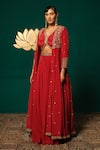 Shop_Niloufer By Aasif Ally_Red Crepe Stones, Sequins V-neck Embroidered Long Cape And Skirt Set 