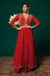 Buy_Niloufer By Aasif Ally_Red Crepe Stones, Sequins V-neck Embroidered Long Cape And Skirt Set _at_Aza_Fashions