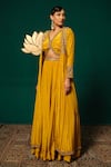 Buy Niloufer By Aasif Ally Yellow Crepe Sequins, Stones, Embroidery V-neck Long Cape And Skirt Set Online at Aza Fashions Buy_Niloufer By Aasif Ally_Yellow Crepe Sequins, Stones, Embroidery V-neck Long Cape And Skirt Set _Online_at_Aza_Fashions
