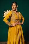 Shop Niloufer By Aasif Ally Yellow Crepe Sequins, Stones, Embroidery V-neck Long Cape And Skirt Set Online at Aza Fashions Shop_Niloufer By Aasif Ally_Yellow Crepe Sequins, Stones, Embroidery V-neck Long Cape And Skirt Set _Online_at_Aza_Fashions