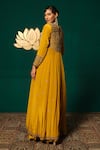 Niloufer By Aasif Ally Yellow Crepe Sequins, Stones, Embroidery V-neck Long Cape And Skirt Set at Aza Fashions Niloufer By Aasif Ally_Yellow Crepe Sequins, Stones, Embroidery V-neck Long Cape And Skirt Set _at_Aza_Fashions